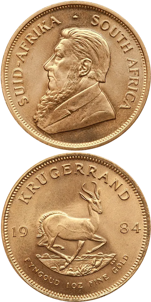 Krügerrand-Goldmünze, Vorder- und Rückseite mit Springbock und dem Porträt Paul Krugers